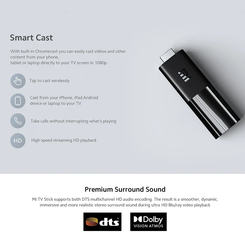 Xiaomi Mi TV Stick Quad Core HDR 1GB RAM 8GB ROM Android TV 9.0 BT4.2 Multi-language 5.1 Dolby Surround Sound Version Global